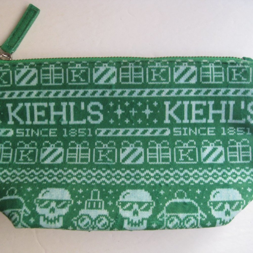 Kiehl's Cosmetic Bag Beauty Case with Zipper Green Velour Holiday Theme